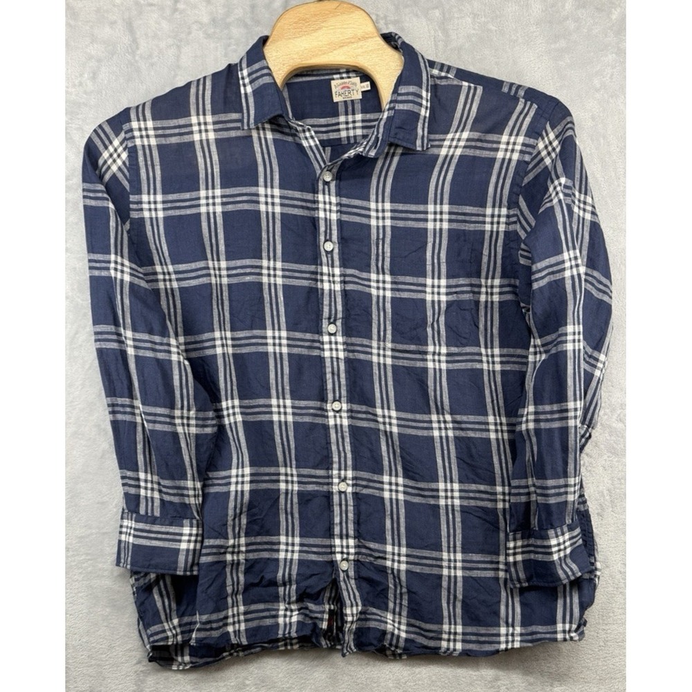 Faherty Button Down Shirt Blue Plaid 100% Linen Long Sleeve Men's Size 2XL
